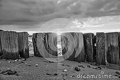 in black and white, groynes jutting into the sea, at sunset. Beach with stones Stock Photo