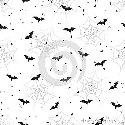 Black and white Halloween seamless vector pattern with bats and spider webs Vector Illustration
