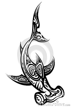 Black and White Hammerhead Shark Polynesian Tattoo Vector Illustration