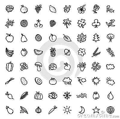 64 black and white hand drawn icons Vector Illustration