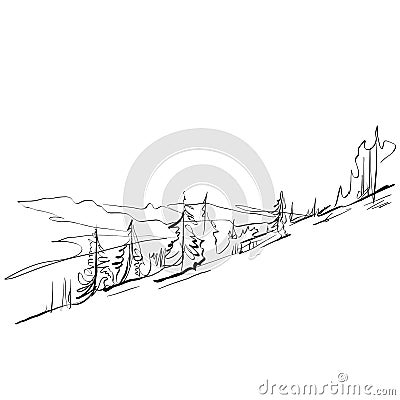 Black and white hand drawn landscape, mountains. Vector Illustration