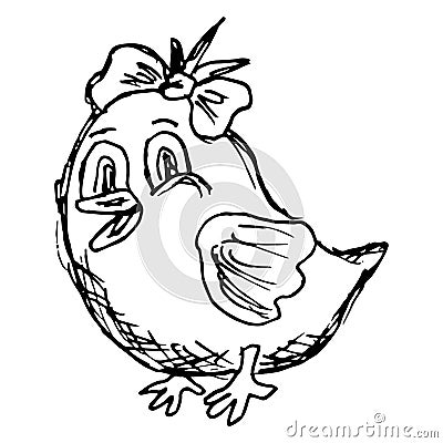 Black and white hand-drawn sketch of the cute little smiling chick with a bow Vector Illustration
