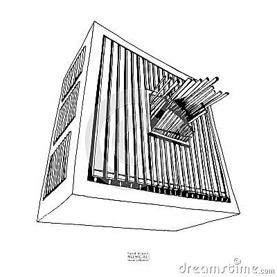 Black and white hand drawn sketch of organ. Large musical instrument with pipes. Vector Vector Illustration