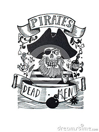 Black and white hand drawn sketch of pirate s skull in cocked hat and piratic symbols and labels Stock Photo