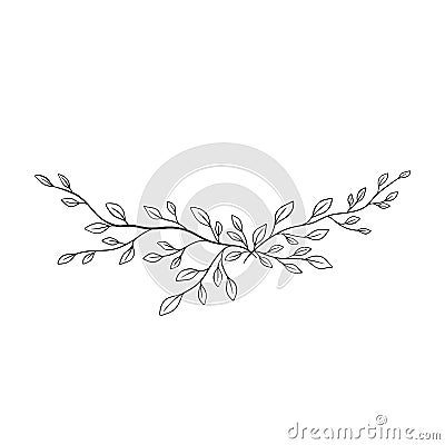 Black on white Hand drawn vector Branch with leaves. Floral simple illustration. Botanical ink contour. Minimalism line Vector Illustration