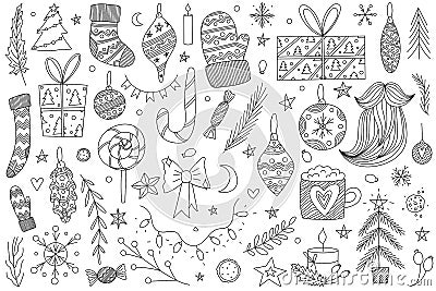 Black and white hand drawn vector christmas doodle set. monochrome christmas doodle collection. Vector Illustration
