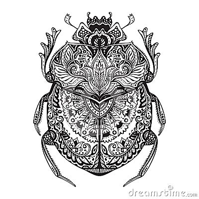 Black and white hand drawn zentangle stylized scarab. Stock Photo