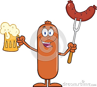 Black And White Happy Sausage Cartoon Character Holding A Beer And Weenie On A Fork Vector Illustration