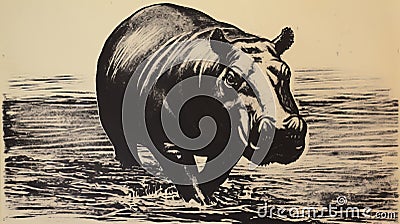 Black And White Hippo Drawing: Lithograph Style Print With Ashcan School Influence Cartoon Illustration