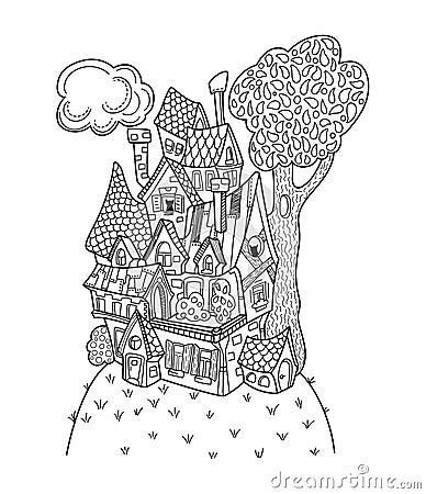 Black and white house vector coloring page. Medieval or countryside architecture hand-drawn illustration Vector Illustration