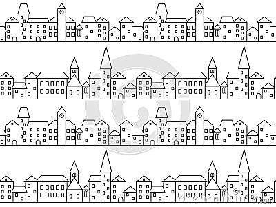 Black and white houses and buildings small town street linear art seamless pattern, vector Vector Illustration