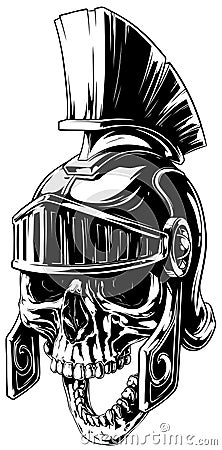 Black and white human skull in roman helmet Vector Illustration