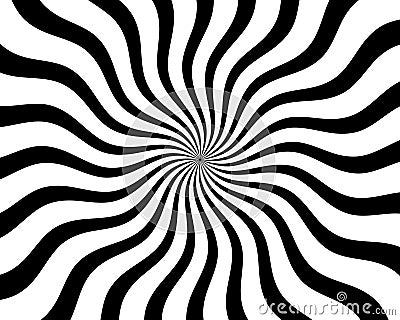 Black and white hypnotic spiral wave rays background. Psychedelic sunburst retro design Vector Illustration