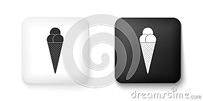 Black and white Ice cream in waffle cone icon isolated on white background. Square button. Vector Vector Illustration