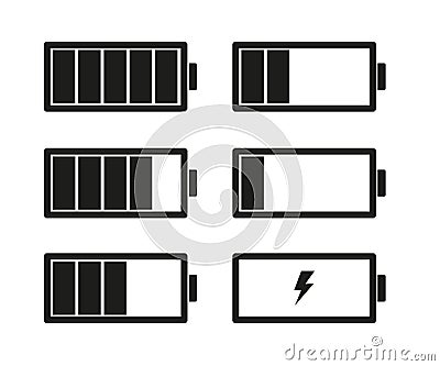 Black and white icons battery charge levels Cartoon Illustration