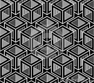 Black and white illusive abstract geometric seamless 3d pattern. Vector Illustration