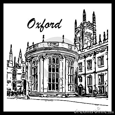 Black and white illustration. Architecture Line Art. Oxford United Kingdom. Cartoon Illustration