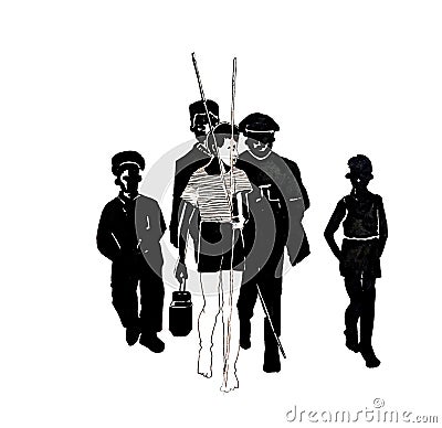 Black and white illustration with fishing boys. Cartoon Illustration