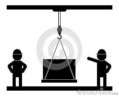 Black and white illustration, builders supervise the work of a crane with a load. Isolated vector Vector Illustration