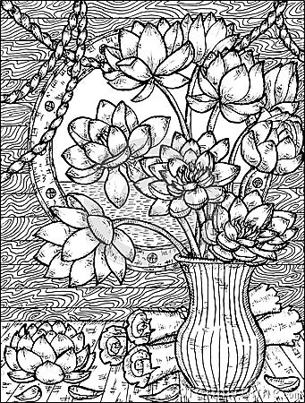 Black and white illustration with bunch of lotus flowers on the table in the berth against the illuminator and ropes Vector Illustration