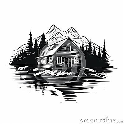 Bold Stencil Hut On Mountain Lake: Detailed Cabincore Illustration Cartoon Illustration