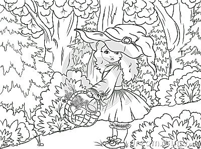 Black and white illustration coloring: Little Red Riding Hood Cartoon Illustration