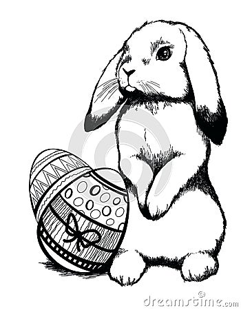 Black and white illustration of easter bunny, bunny with easter eggs Cartoon Illustration