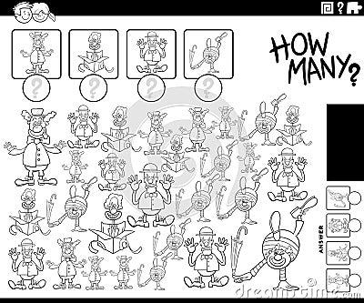 how many cartoon clowns counting task coloring page Vector Illustration