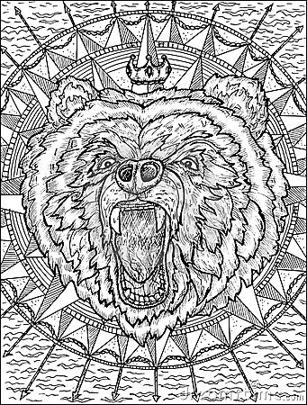 Black and white illustration of emblem with head of bear against background of compass and sea Vector Illustration