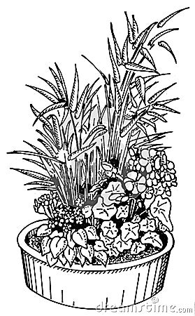 Black and white illustration of a flower bowl Cartoon Illustration