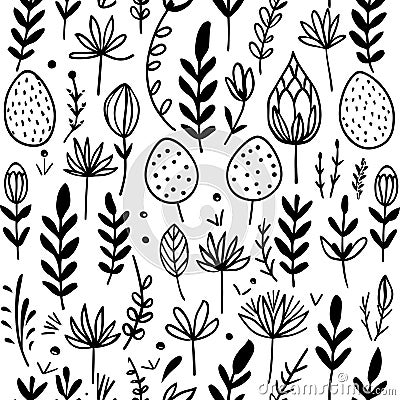 Black and white illustration of flowers and plants, minimalist styled florals, springtime background Vector Illustration