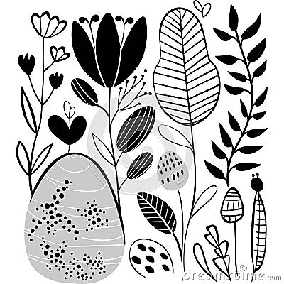 Black and white illustration of flowers and plants, minimalist styled florals, springtime background Vector Illustration
