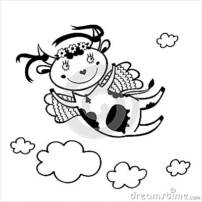 Black and white illustration of flying funny cow in the sky with clouds. Vector Illustration