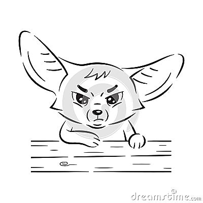 Black and white illustration of a funny fennec fox who standing by the fence and looking severely Vector Illustration