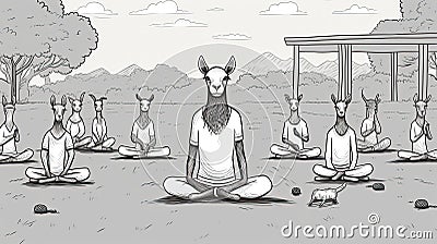 Black and white illustration of goats practicing yoga in a park. Line art Cartoon Illustration