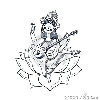 Black and white illustration Happy Vasant Panchami Saraswati Cartoon Illustration