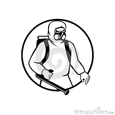 Industrial Worker Essential Worker or Pest Exterminator Wearing Respiratory Protective Equipment Spraying Disinfectant Black and Vector Illustration