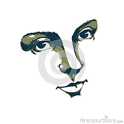 Black and white illustration of lady face, delicate visage features. Eyes and lips of a woman expressing positive emotions. Vector Illustration