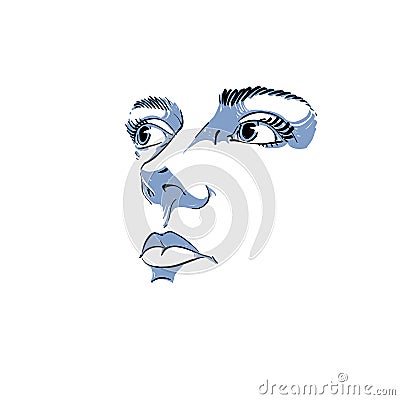 Black and white illustration of lady face, delicate visage features. Eyes and lips of peaceful woman expressing positive emotion Vector Illustration