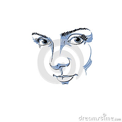 Black and white illustration of lady face, delicate visage features. Eyes and lips of delicate romantic woman expressing positive Vector Illustration