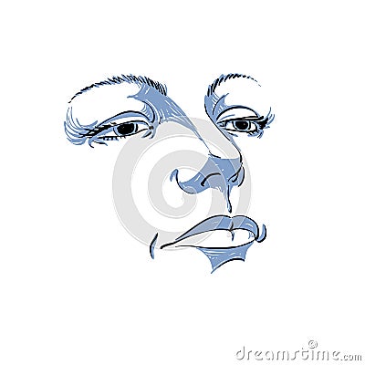 Black and white illustration of lady face, delicate visage features. Eyes and lips of a sorrowful woman, emotional expression. Vector Illustration