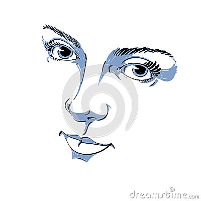 Black and white illustration of lady face, delicate visage features. Eyes and lips of a woman expressing positive emotions. Vector Illustration