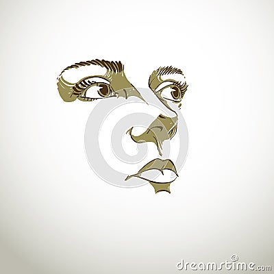 Black and white illustration of lady face, delicate visage Vector Illustration
