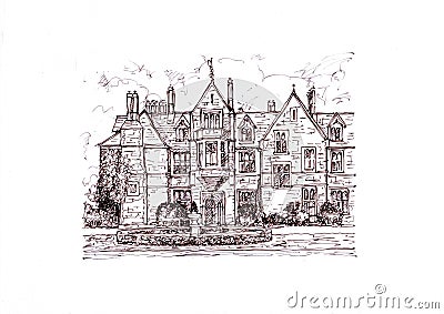 Black and white illustration of a large country house. Cartoon Illustration