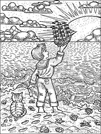 Black and white illustration of little boy standing on a seashore and holding handmade sailboat against rising sun Vector Illustration