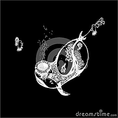 Black and white illustration of octopus smoking through a whale. Chalk on a blackboard. Vector Illustration