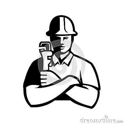 Pipefitter Holding Pipe Wrench Arms Folded Front View Black and White Vector Illustration