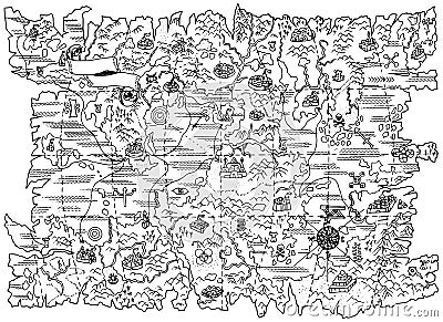 Black and white illustration of pirate map of fantasy land Vector Illustration