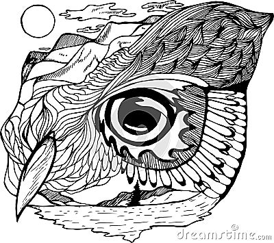 Black-white picture of a psychedellic Owl, nature, mountains, sun, ornament. Cartoon Illustration