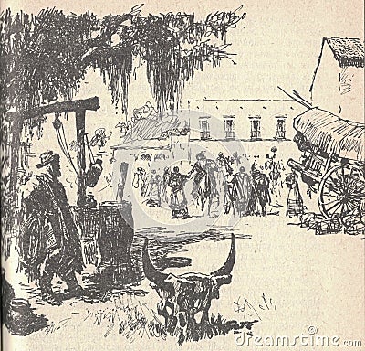 Black and white illustration shows marketplace in a South American city. Drawing shows a South American village. Vintage Cartoon Illustration